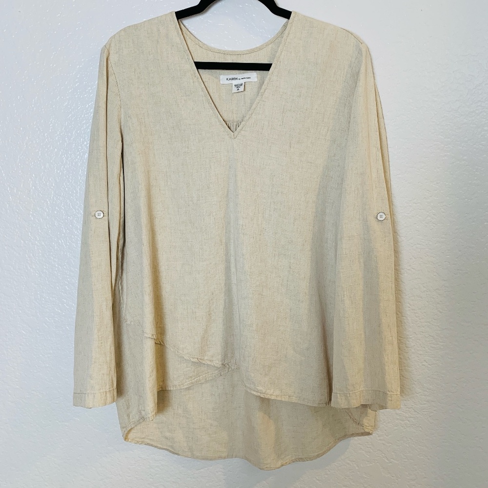 Karen Kane popover Top  XL Natural Beige V-Neck Roll Tab Sleeve Asymmetrical Hem